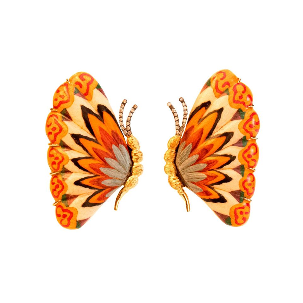 Marquetry Earrings with Diamonds and Colorful Butterfly Pattern, Medium