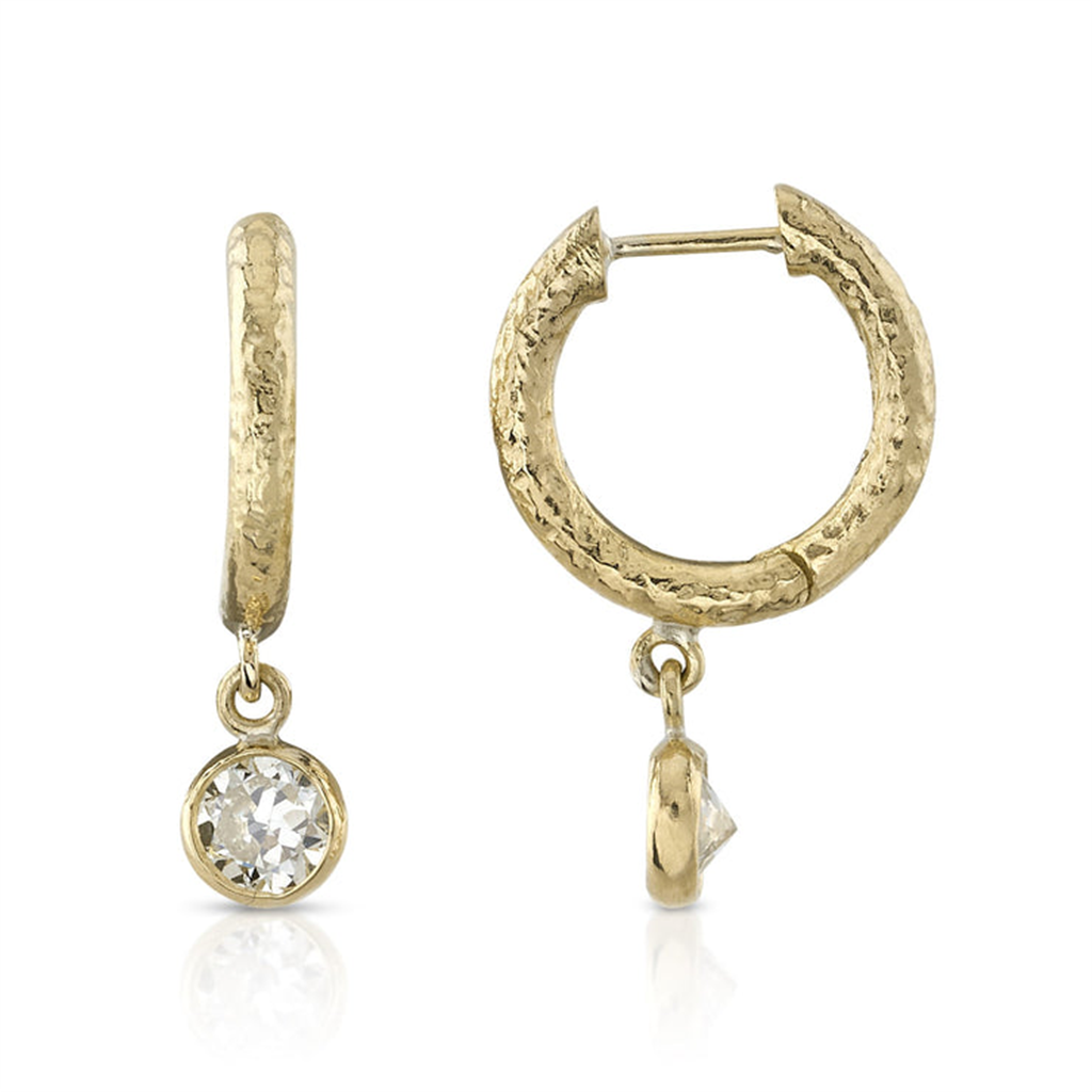 Gold huggie earrings with diamond drop