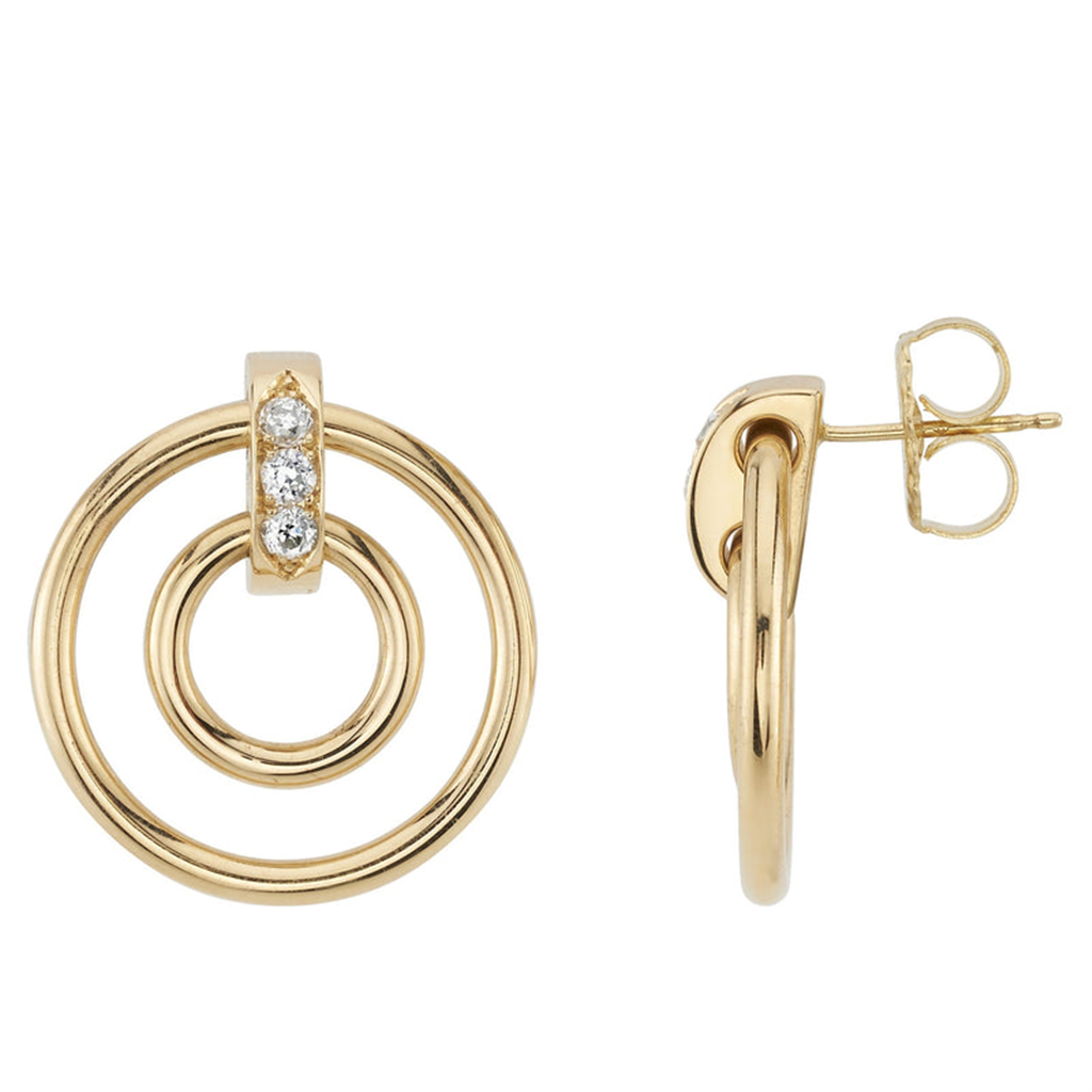 gold double hoop earrings with 3 round diamonds in center