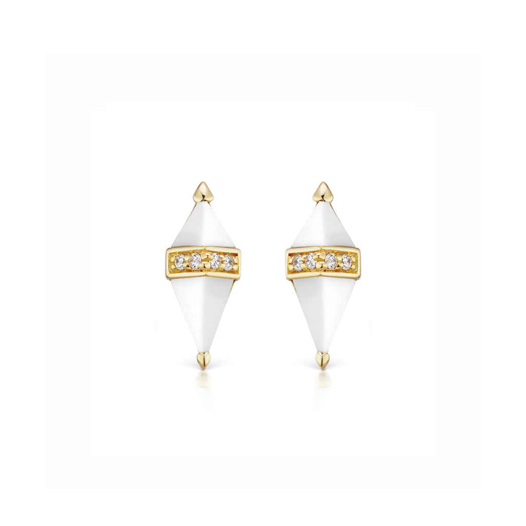 white onyx diamond shaped studs with diamond center strip