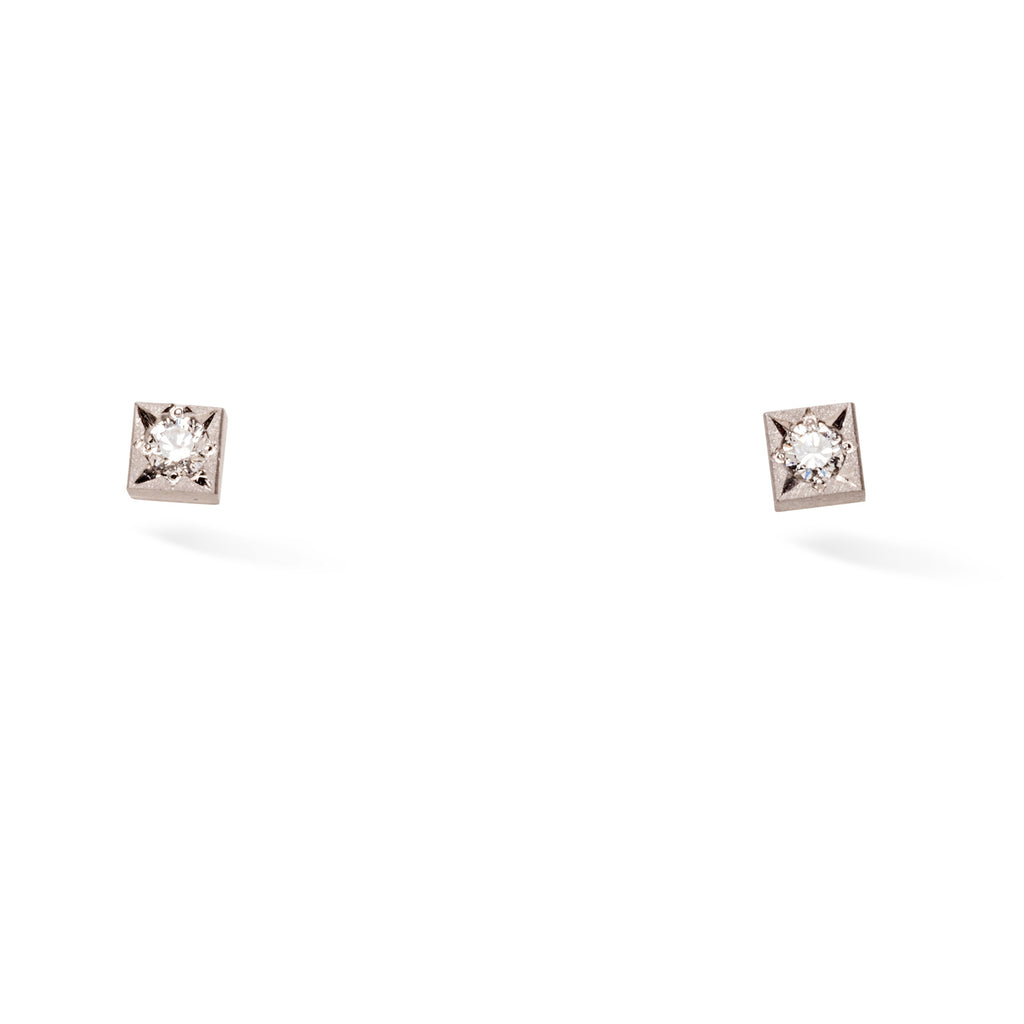 white gold square with brilliant cut diamond studs
