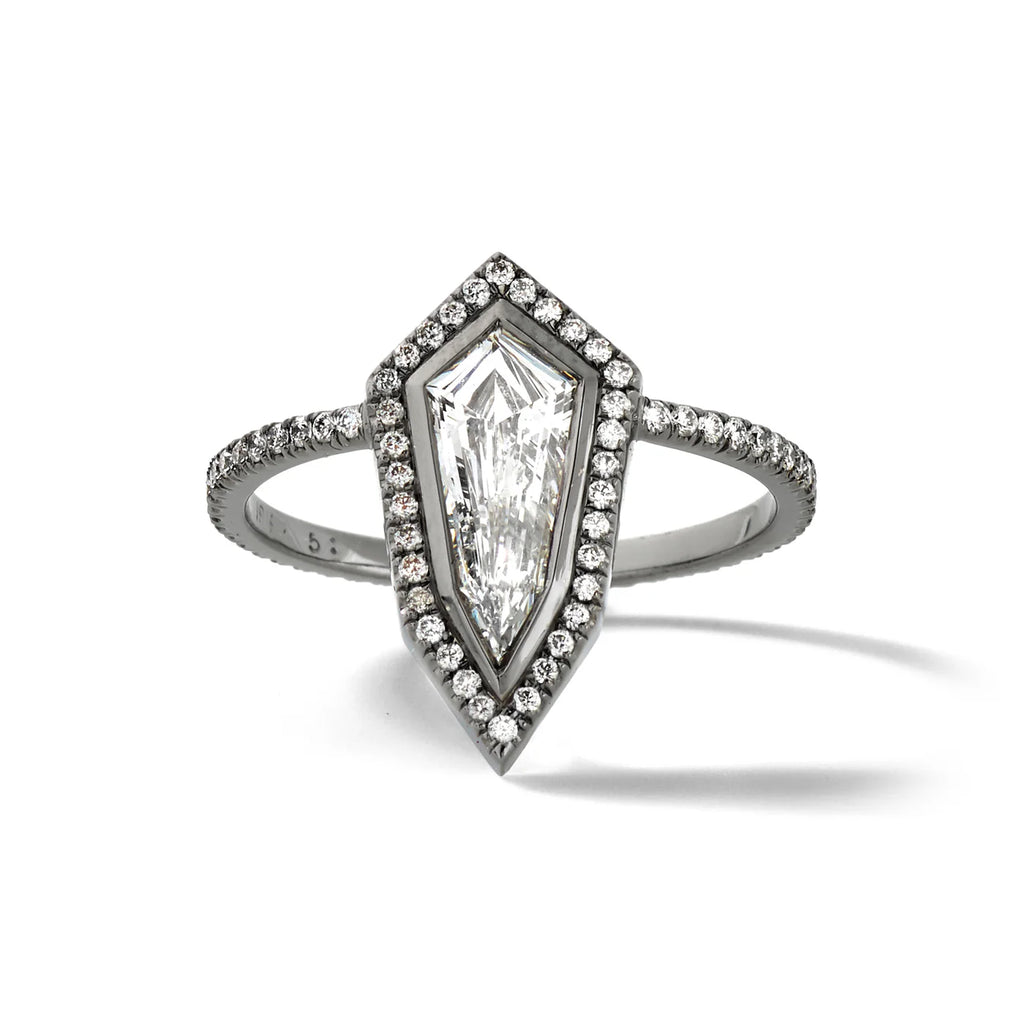  ELONGATED SHIELD SHAPED DIAMOND bezel set 18K BLACKENED WHITE GOLD WITH WHITE DIAMOND PAVE