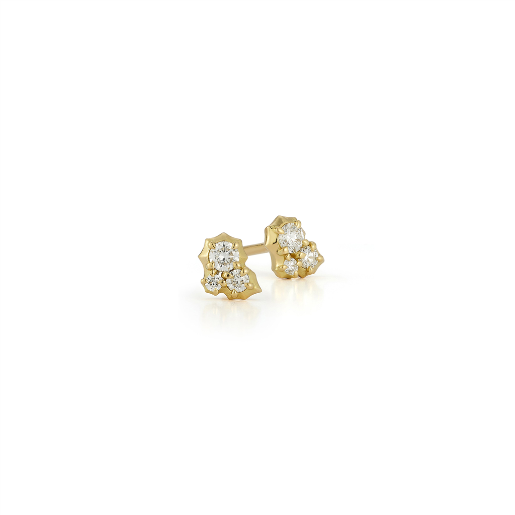 cluster diamond stud earrings with 3 varying sized diamond per stud