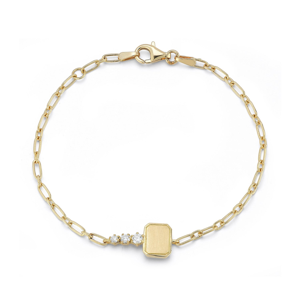 gold chain bracelet with rectangle gold and 3 Round Brilliant Cut Diamonds 